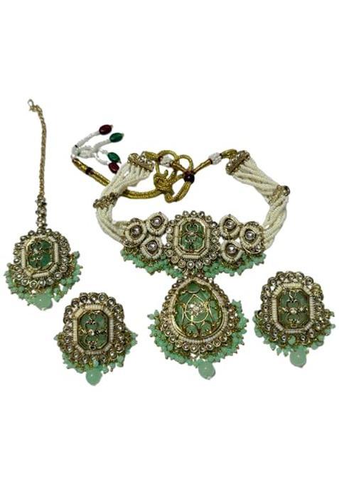 Green Kundan Choker Necklace Set with Earrings and Maang Tikka