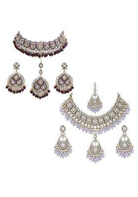 SK Jewellers Fashion Traditional Kundan Choker Necklace Set with Earrings and Maang Tikka for Women Pack of 2