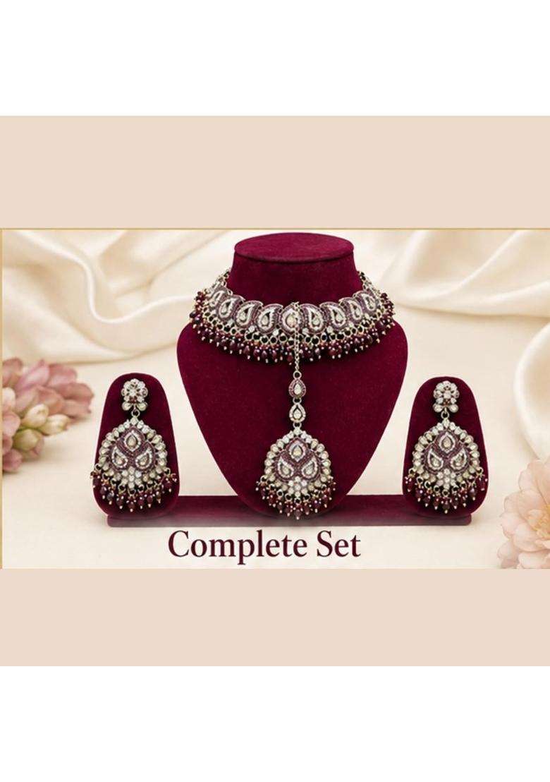 SK Jewellers Fashion Traditional Kundan Choker Necklace Set with Earrings and Maang Tikka for Women Pack of 2 - Indya