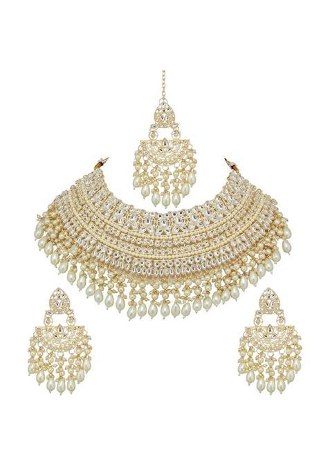 Lucky Jewellery Gold Plated Kundan and Pearl White Stone Bridal Choker Jewellery Set with Maang Tikka