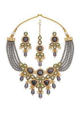 Moahar Traditional Gold Tone Kundan Style Grey Beaded Necklace Set with Green Enamel Leaf Motifs Clear Stones