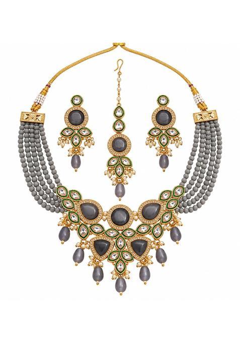 Moahar Traditional Gold Tone Kundan Style Grey Beaded Necklace Set with Green Enamel Leaf Motifs Clear Stones