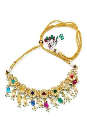 Kundan Choker Necklace Set with Earrings and Maang Tikka Multicolour Pearl Beads Bridal Indian Jewellery