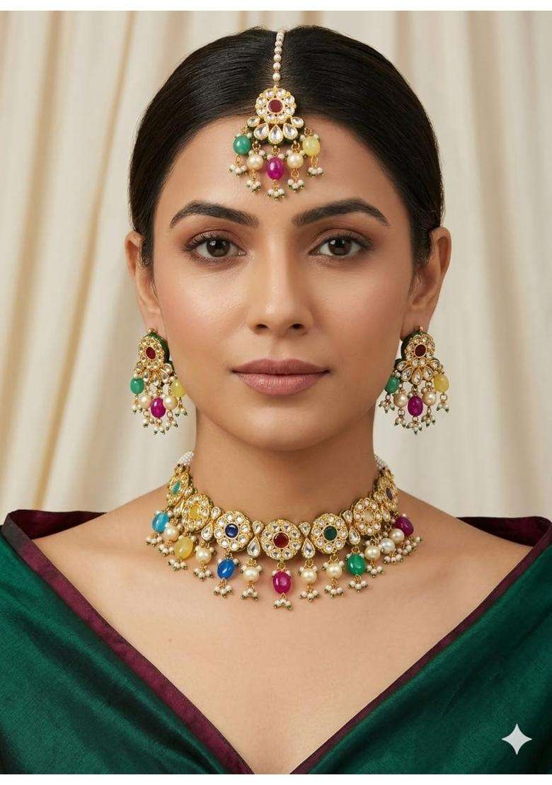 Kundan Choker Necklace Set with Earrings and Maang Tikka Multicolour Pearl Beads Bridal Indian Jewellery - Indya