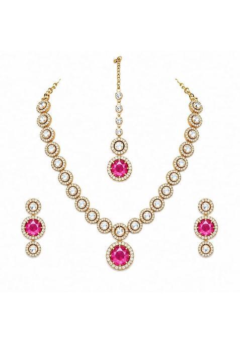 Pink Kundan Necklace Set with Earrings and Maang Tikka