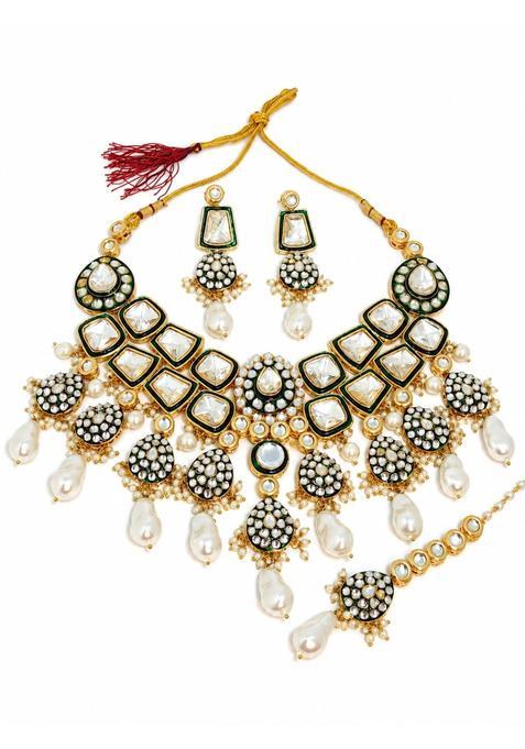 Shaili Craft 24K Gold Plated Kundan Bridal Necklace Set with Earrings and Maang Tikka