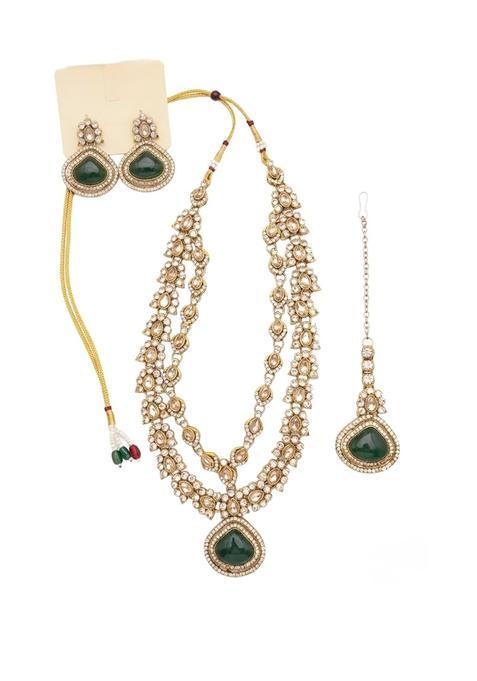 Emerald Stone Layered Necklace Set with Earrings and Maang Tikka