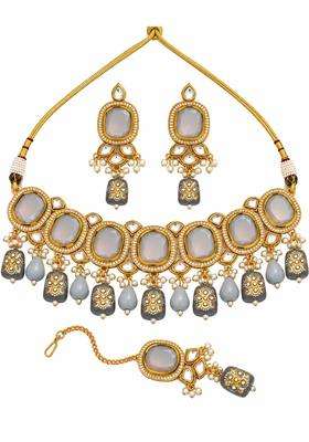Moahar Traditional Gold Tone Kundan Style Choker Necklace Set with Grey Stone Pearl Beads