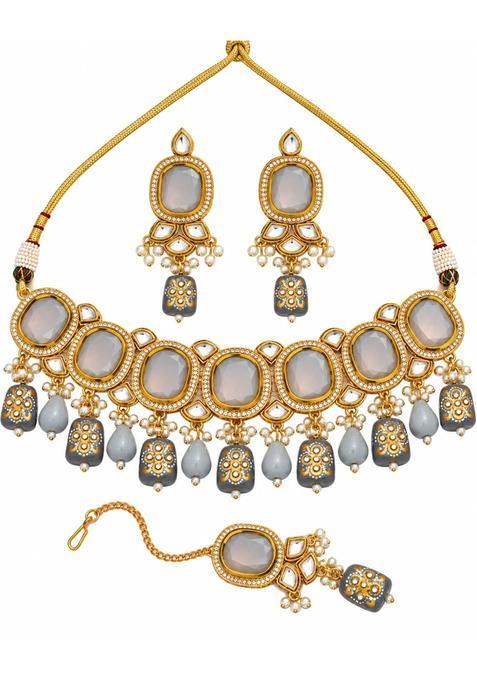Moahar Traditional Gold Tone Kundan Style Choker Necklace Set with Grey Stone Pearl Beads
