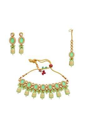 Mint Green Meenakari Kundan Choker Necklace Set with Earrings and Maang Tikka by Aksharas