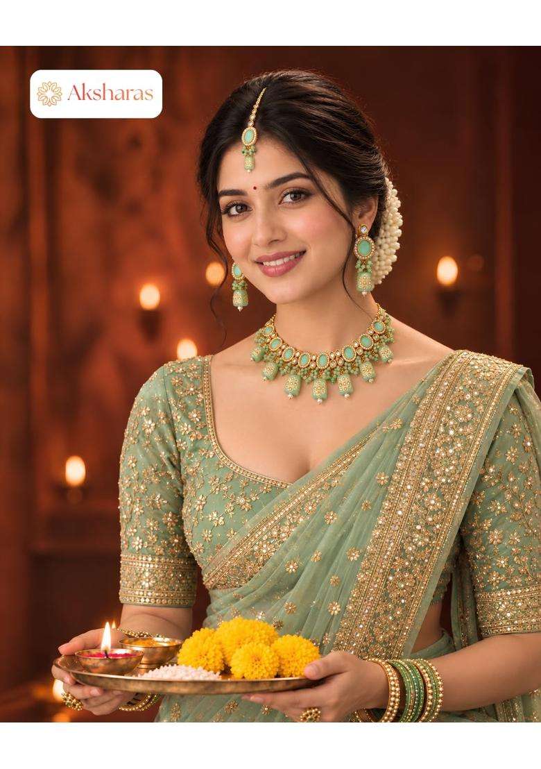 Mint Green Meenakari Kundan Choker Necklace Set with Earrings and Maang Tikka by Aksharas - Indya