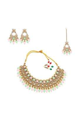 Pastel Pink and Mint Green Antique Kundan Choker Necklace Set with Earrings and Maang Tikka by Aksharas