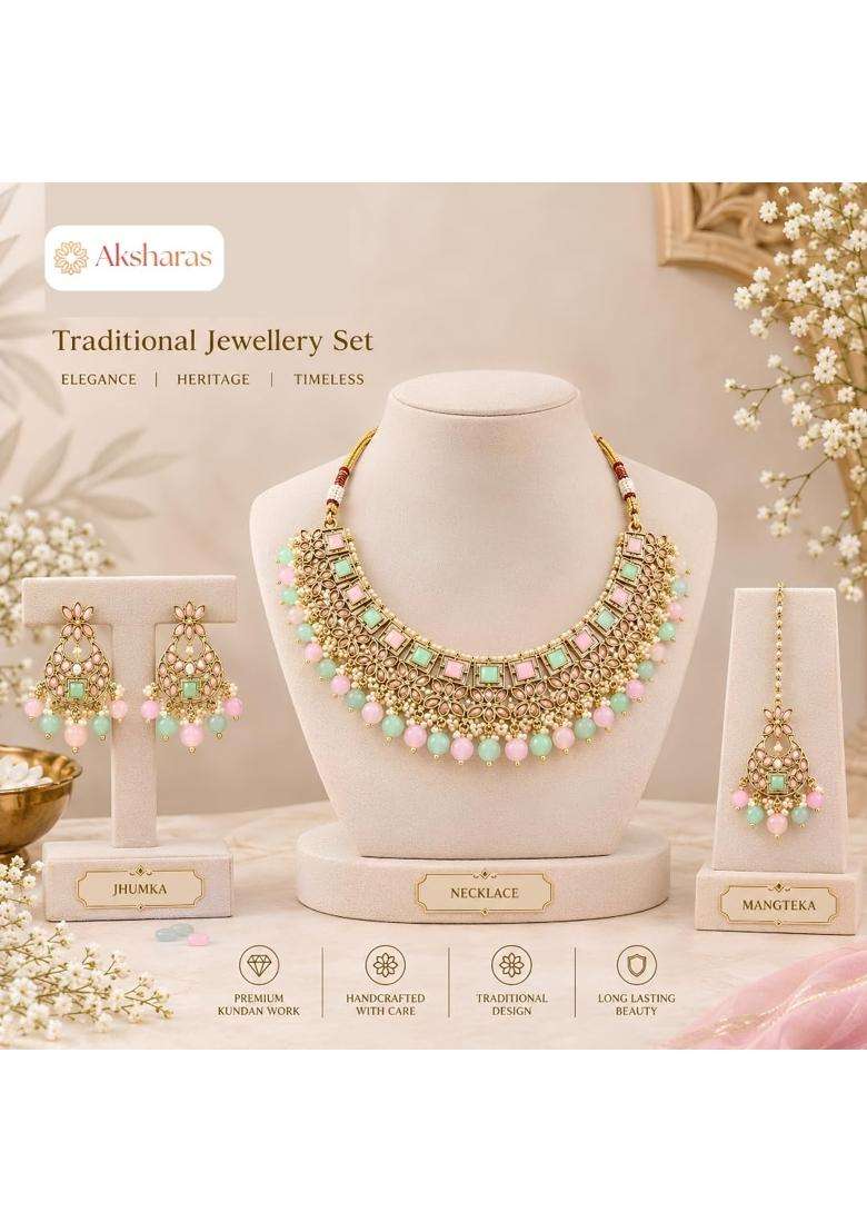 Pastel Pink and Mint Green Antique Kundan Choker Necklace Set with Earrings and Maang Tikka by Aksharas - Indya