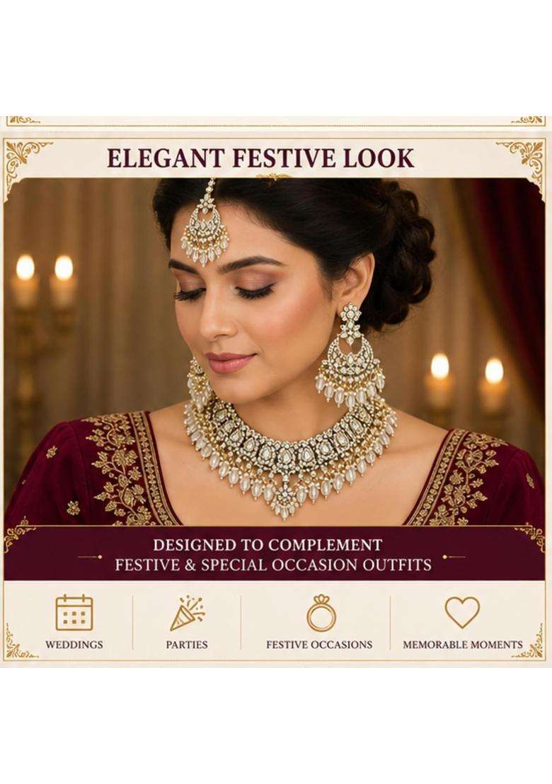 SK Jewellers Fashion Traditional Kundan Choker Necklace Set with Earrings and Maang Tikka for Women Pack of 2 - Indya