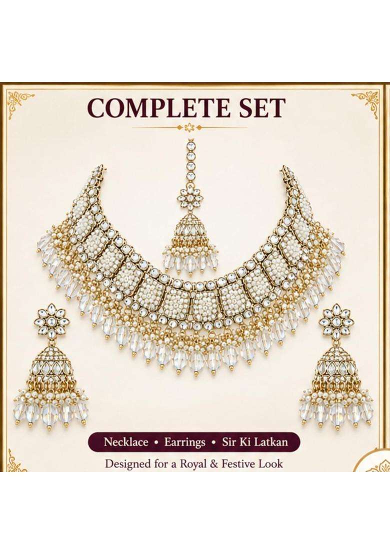 SK Jewellers Fashion Traditional Kundan Choker Necklace Set with Earrings and Maang Tikka for Women Pack of 2 - Indya