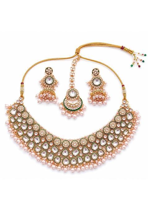 K and K Kreation Gold Kundan Bridal Jewellery Set with Earrings and Maang Tikka