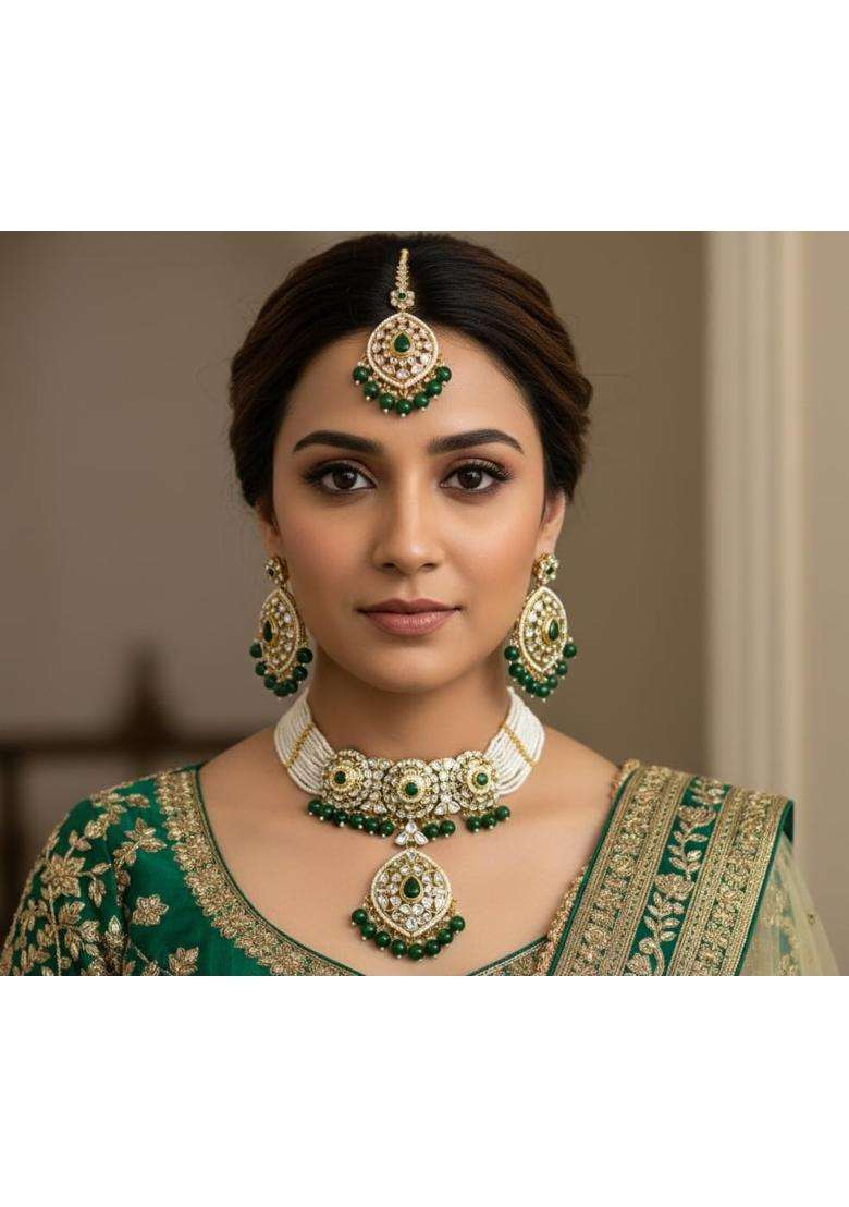 OMID Luxury Green Kundan and Pearl Choker Necklace Set with Earrings and Maang Tikka - Indya