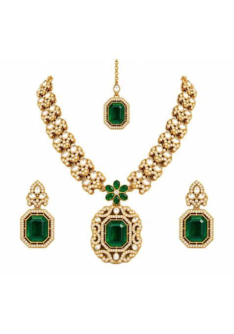 Emerald Green Kundan Necklace Set for Women Gold Tone Bridal Jewellery Set with Matching Earrings and Maang