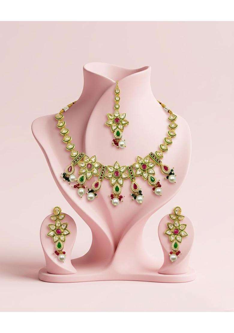 PM AURA Jewels Bridal Kundan Choker Necklace Set with Maang Tikka and Earrings Floral Pearl Drop Design - Indya