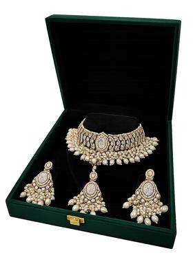 Premium Gold Plated Kundan Pearl Bridal Choker Necklace Set with Earrings and Maang Tikka for Women
