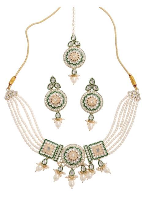 Saiqras Collection Green Kundan Pearl Necklace Set for Women