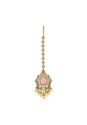 Kushals Pink Fashion Jewellery Ruby Victorian Polished Kundan Maang Tikka for Women