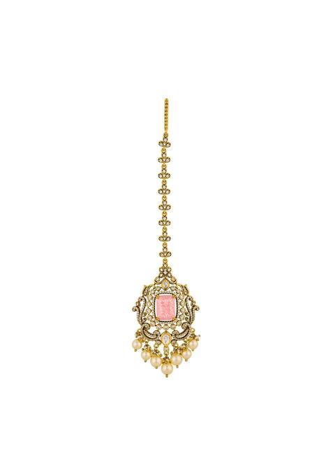 Kushals Pink Fashion Jewellery Ruby Victorian Polished Kundan Maang Tikka for Women
