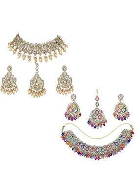 SK Jewellers Fashion Traditional Kundan Choker Necklace Set with Earrings and Maang Tikka for Women Pack of 2
