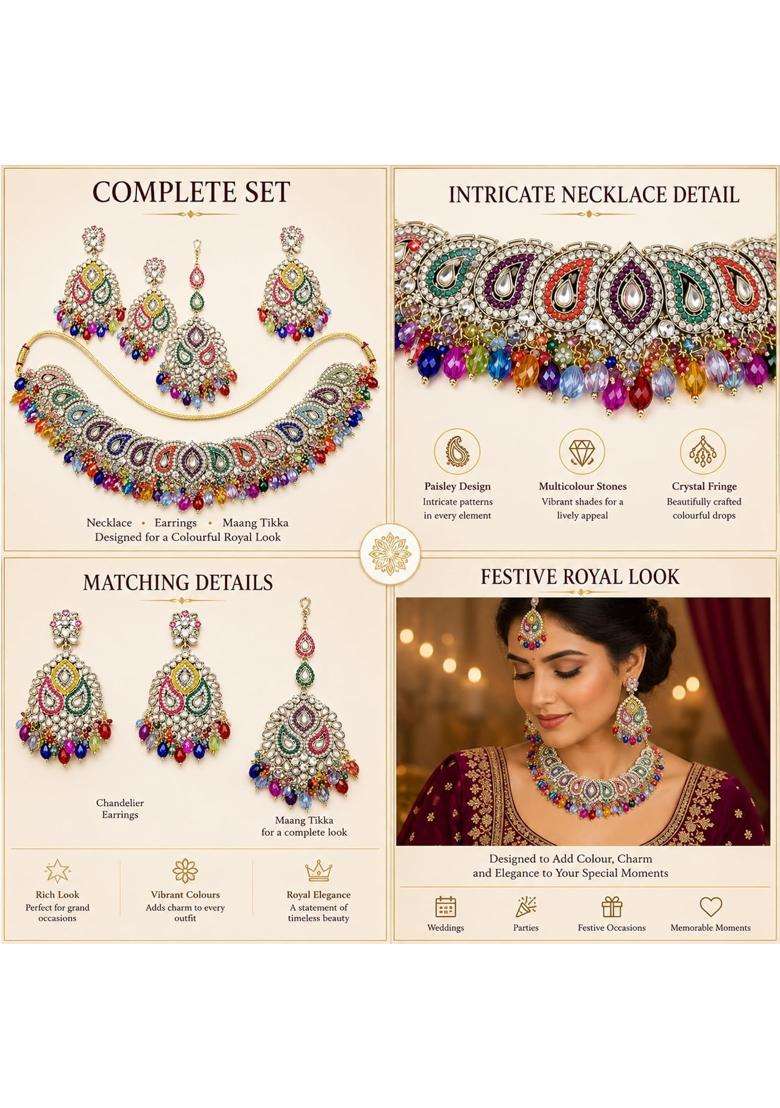 SK Jewellers Fashion Traditional Kundan Choker Necklace Set with Earrings and Maang Tikka for Women Pack of 2 - Indya
