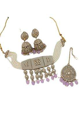 Jewwel SGA Women Gold Plated Kundan Pearl Choker Necklace with Jhumka Earrings and Maang Tikka Set