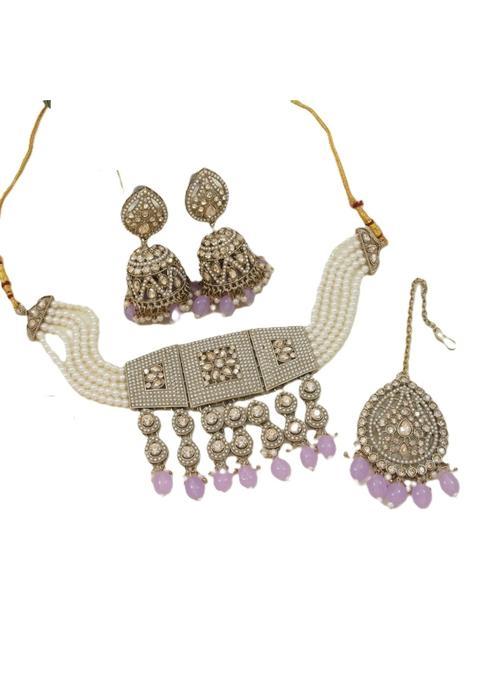 Jewwel SGA Women Gold Plated Kundan Pearl Choker Necklace with Jhumka Earrings and Maang Tikka Set