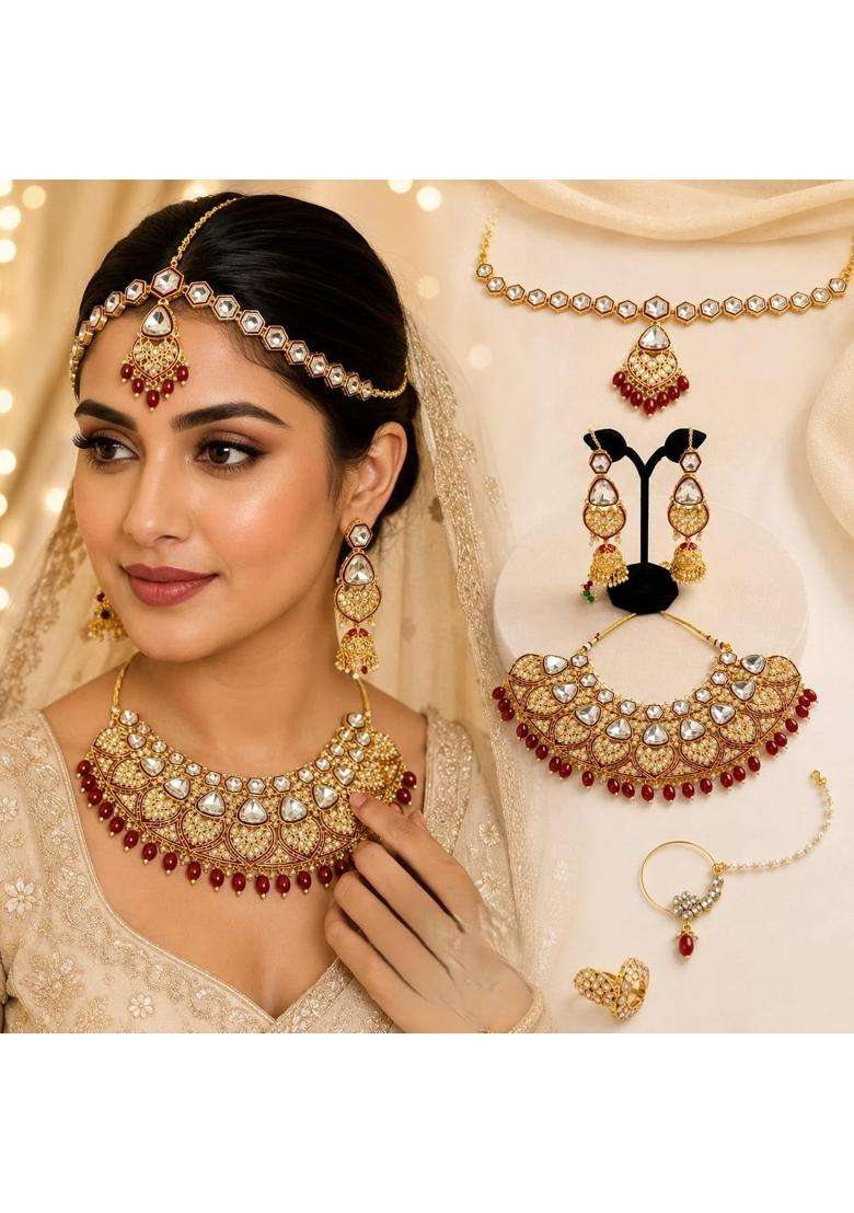 Kundan Bridal Jewellery Set with Choker Maang Tikka and Nose Ring - Indya