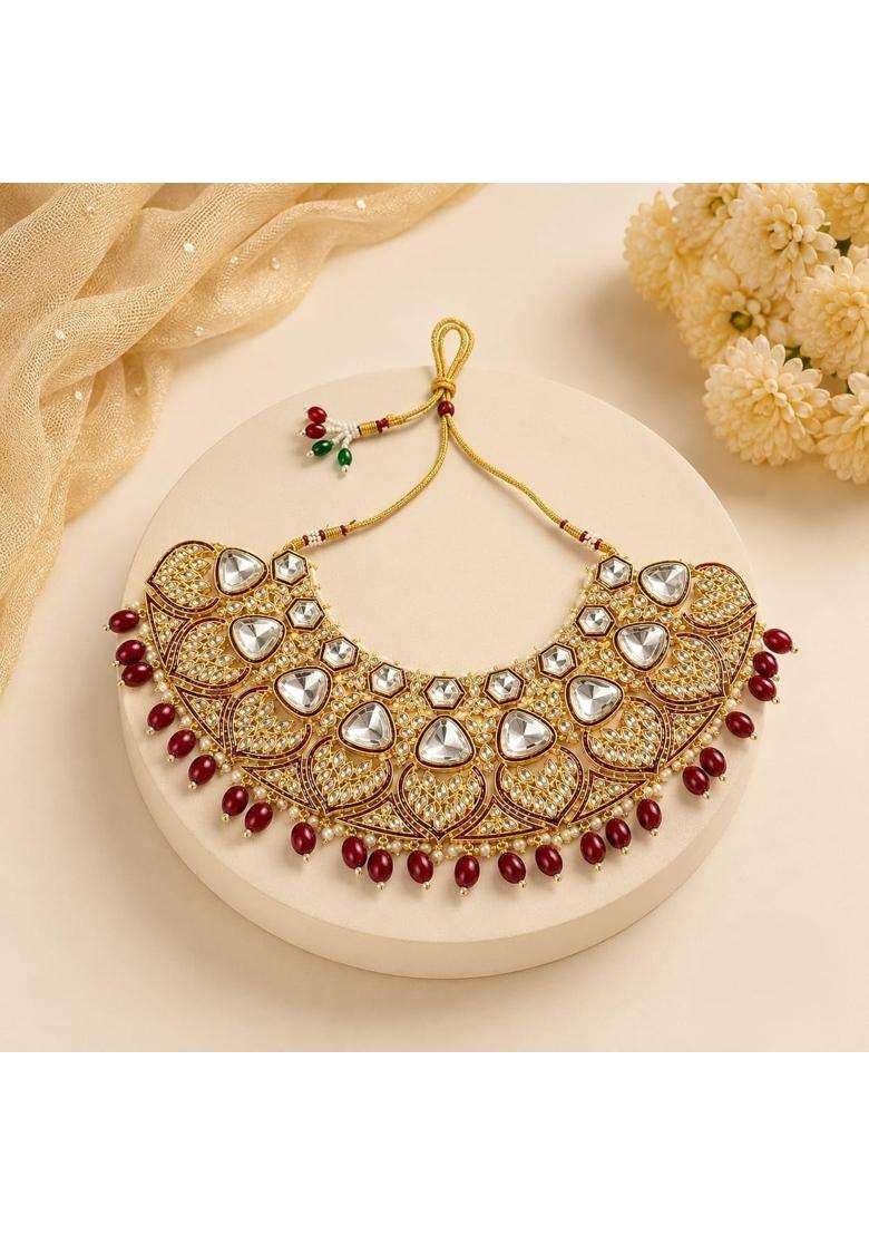 Kundan Bridal Jewellery Set with Choker Maang Tikka and Nose Ring - Indya
