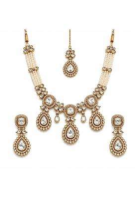JZEE Pearl Kundan Necklace Set for Women Traditional Gold Tone Bridal Jewellery Set with Necklace