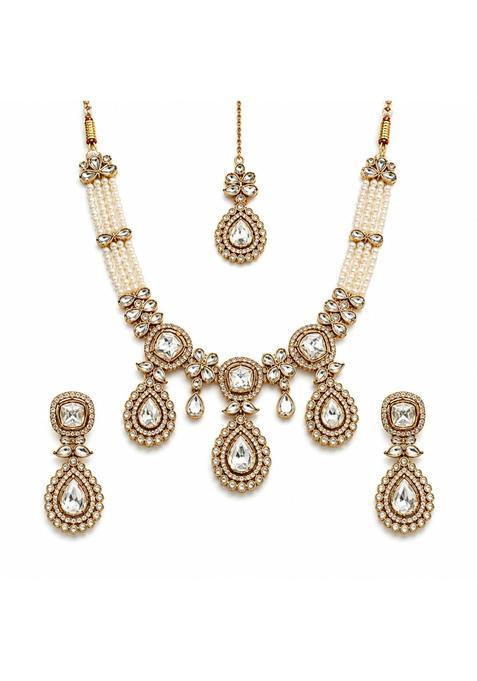 JZEE Pearl Kundan Necklace Set for Women Traditional Gold Tone Bridal Jewellery Set with Necklace