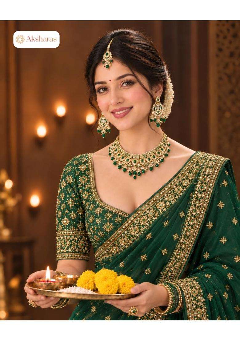 Grand Emerald Green Kundan Choker Necklace Set with Earrings and Maang Tikka by Aksharas - Indya