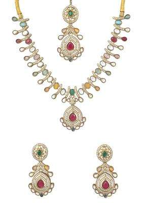 Meira Jewellery Premium Gold Plated Multi Color Kundan Necklace Set with Matching Drop Earrings and Maang