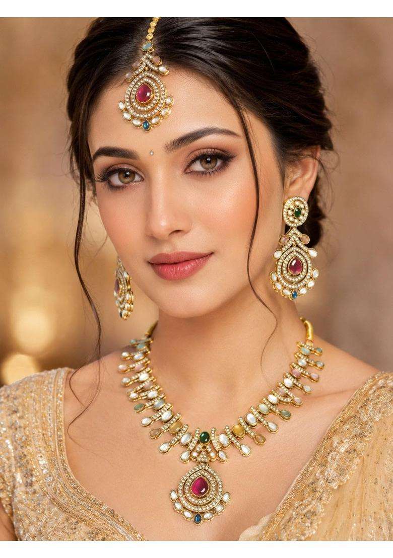 Meira Jewellery Premium Gold Plated Multi Color Kundan Necklace Set with Matching Drop Earrings and Maang - Indya