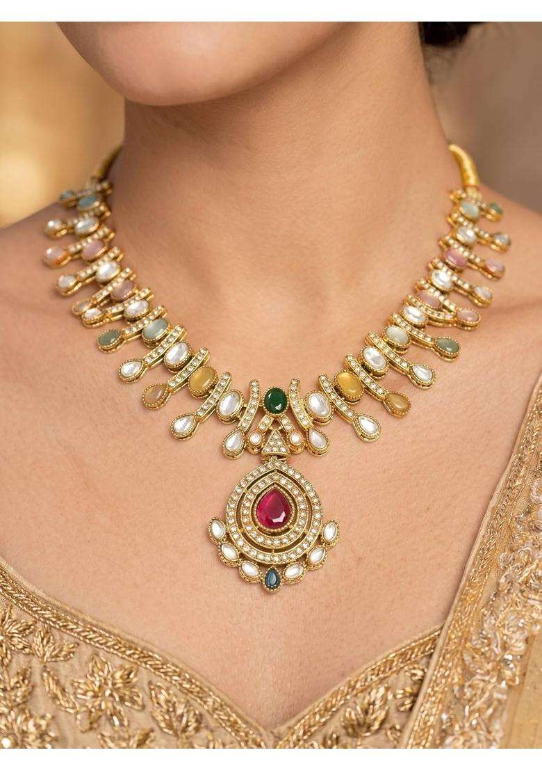 Meira Jewellery Premium Gold Plated Multi Color Kundan Necklace Set with Matching Drop Earrings and Maang - Indya