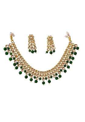 Kundan Gold Toned Necklace Set with Green Stone Beads Matching Earrings and Maang Tikka