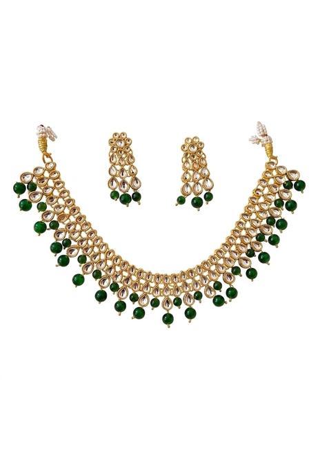 Kundan Gold Toned Necklace Set with Green Stone Beads Matching Earrings and Maang Tikka