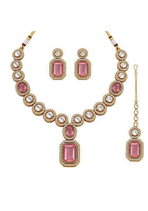 Gold Tone Black Stone Necklace Set with Earrings and Maang Tikka