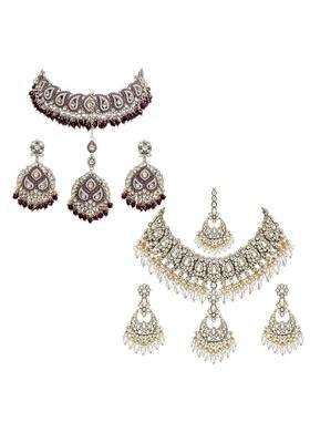 SK Jewellers Fashion Traditional Kundan Choker Necklace Set with Earrings and Maang Tikka for Women Pack of 2