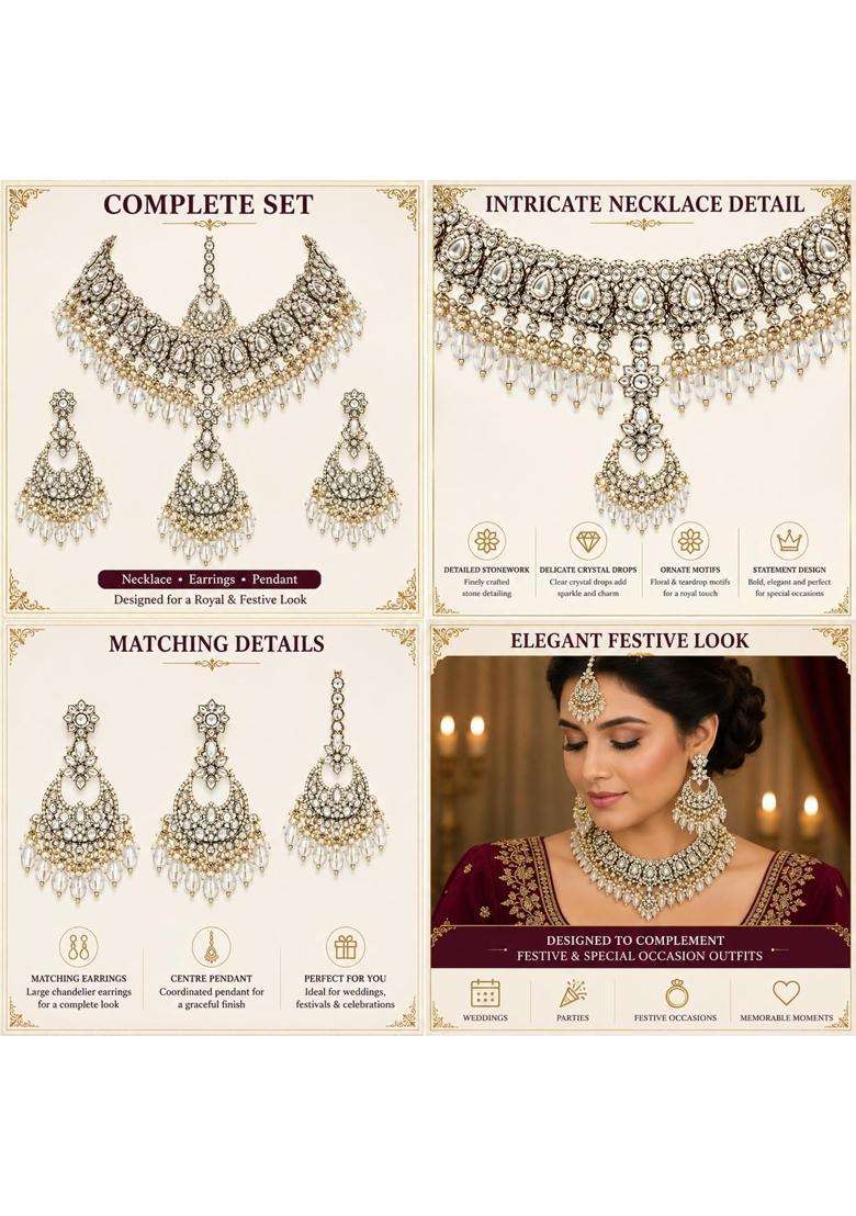 SK Jewellers Fashion Traditional Kundan Choker Necklace Set with Earrings and Maang Tikka for Women Pack of 2 - Indya