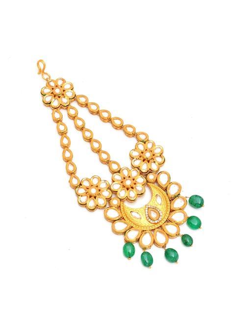 Tvayaa Art 18K Gold Plated Mughal Beautiful Long Pearl Kundan Jhumar Passa Jhoomar Maang Tikka for Women