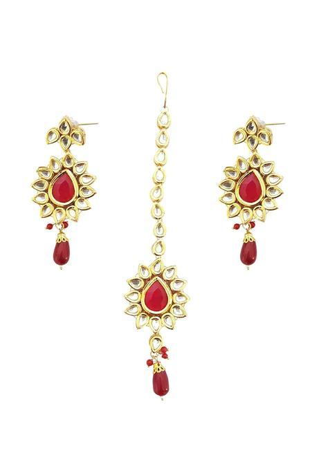 Mehrunnisa Traditional Kundan and Red Stone Earrings and Maang Tikka Set for Women