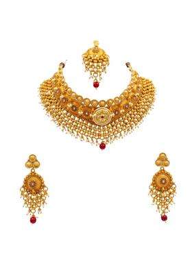 ZIO Traditional Gold Tone Kundan Necklace Set for Women Temple Inspired Bridal Choker with Pearl Bead