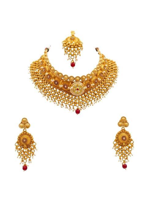 ZIO Traditional Gold Tone Kundan Necklace Set for Women Temple Inspired Bridal Choker with Pearl Bead