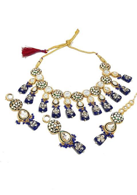 Shaili Craft Blue Kundan Polki Necklace Set for Women and Girls with Earrings and Maang Tikka Set