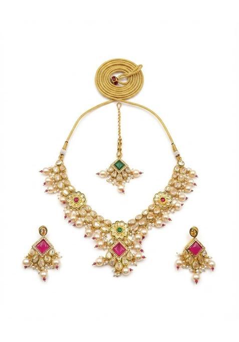 PM AURA Jewels Regal Kundan and Pearl Choker Necklace Set with Matching Earrings and Maang Tikka